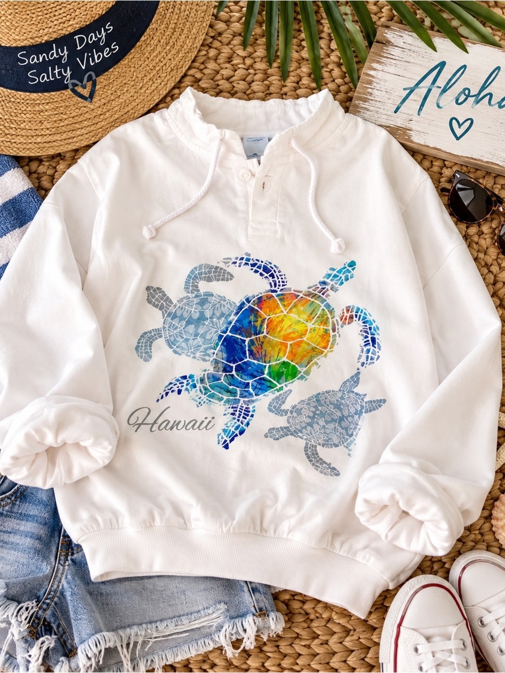 NWT Crazy Shirts Hawaii White Turtle Seascape Pullover Sweatshirt Size XS